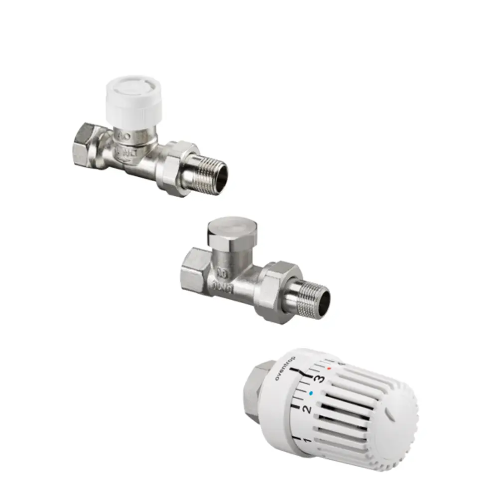 Oventrop Thermostatventil-Set mit verschiedenen Ventilen und Rücklaufverschraubung, in metallischem Finish, zur Steuerung von Heizsystemen.